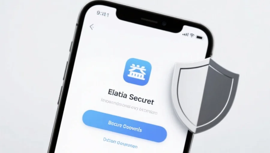 一部现代智能手机屏幕上显示汇赢应用的安全下载界面，旁边有安全盾牌图标，背景简洁